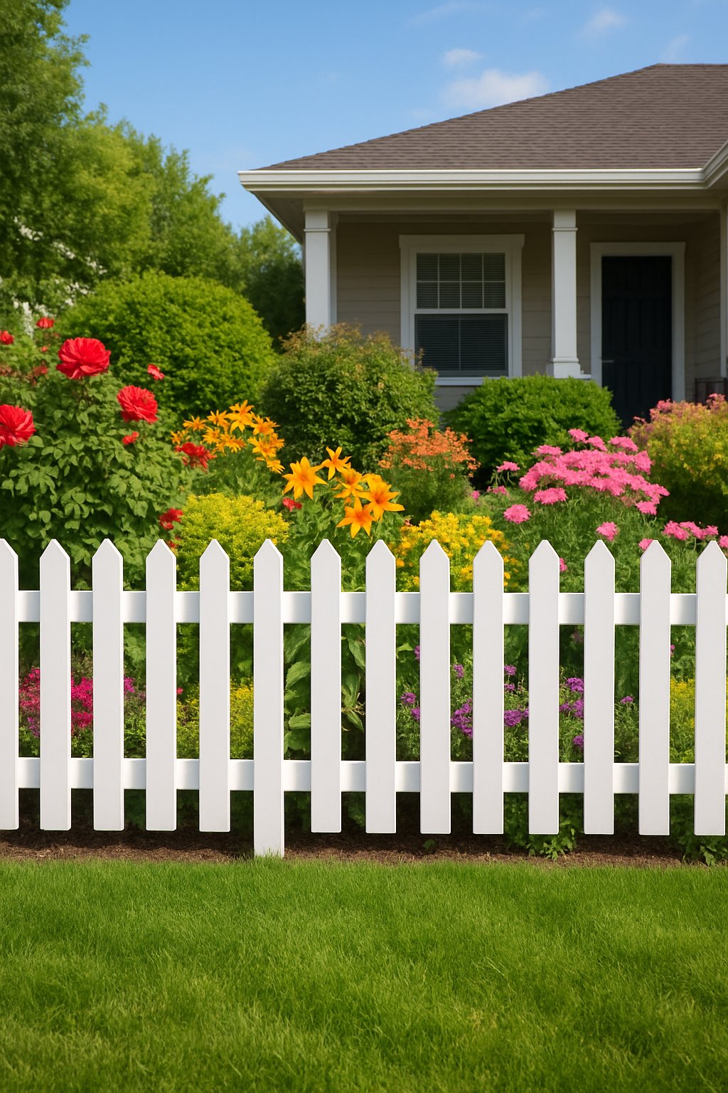 A front garden with a white picket fence, colorful flowers, green shrubs, and a house in the background under a clear blue sky.