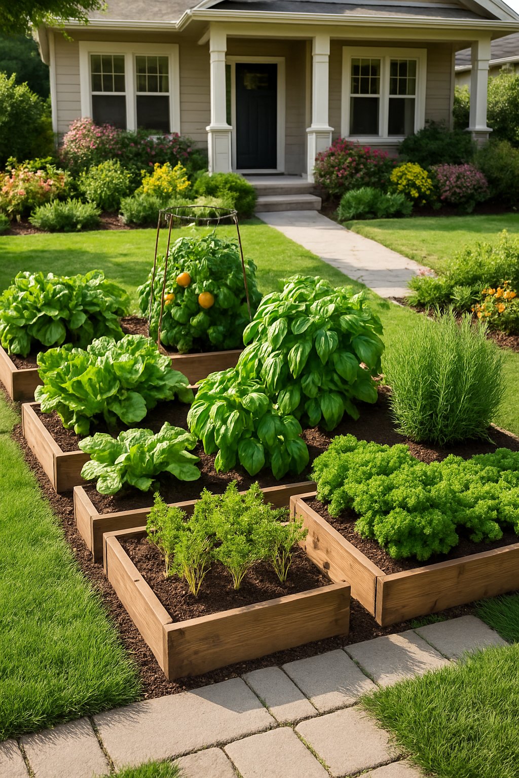 A front yard with a small vegetable and herb garden section including raised beds of green herbs and vegetables, a stone pathway, and a house in the background.