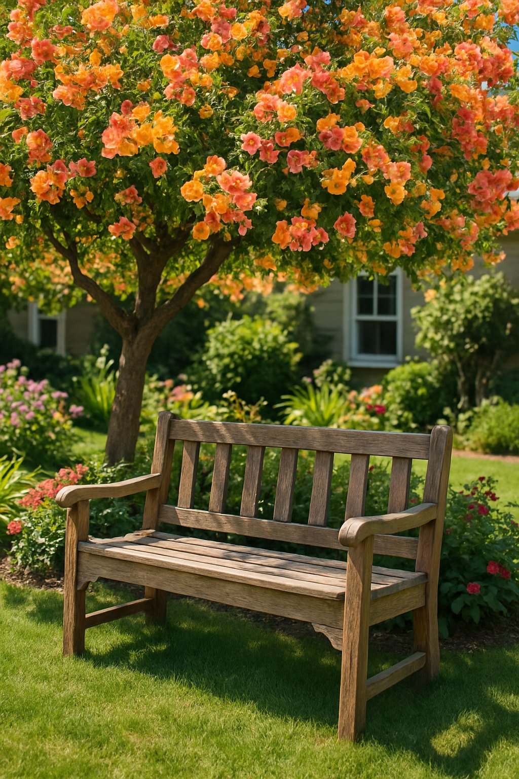 A rustic wooden bench under a flowering tree in a front garden surrounded by green plants and flowers.