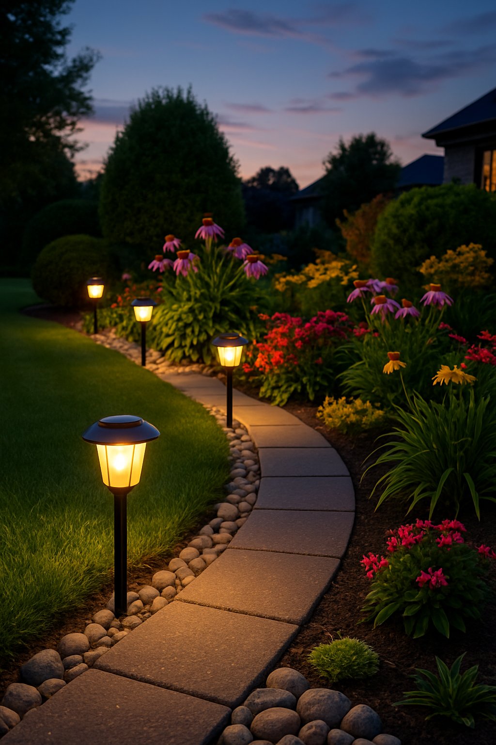 A front yard garden pathway illuminated by solar-powered lights at dusk, surrounded by grass, shrubs, and flowers.