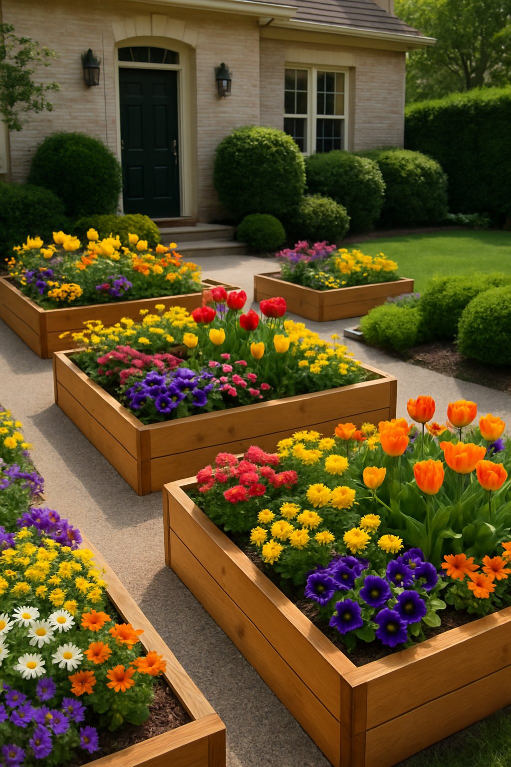 Front garden with several wooden raised beds filled with colorful seasonal flowers and green plants along a pathway leading to a house.