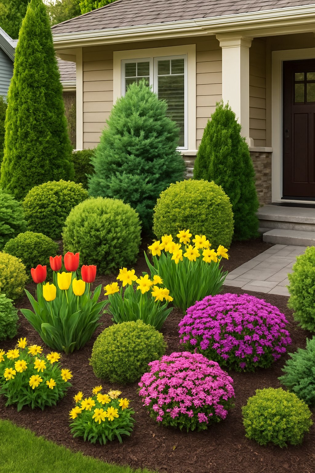 Front yard garden with evergreen plants and colorful seasonal flowers arranged around a stone pathway leading to a house entrance.