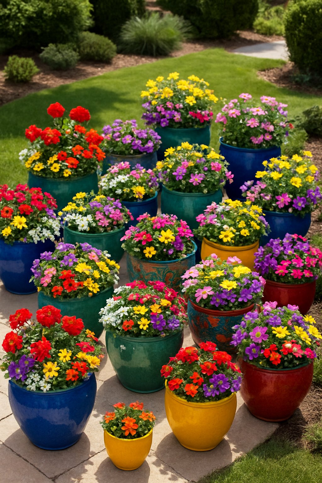 A front garden with colorful ceramic pots filled with various blooming annual flowers arranged along a pathway.