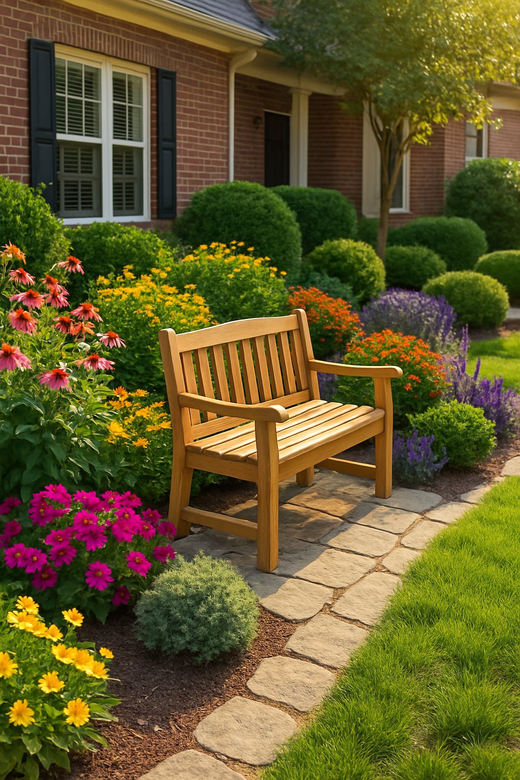 A front yard garden with a wooden bench surrounded by colorful flowers and green shrubs along a stone pathway.