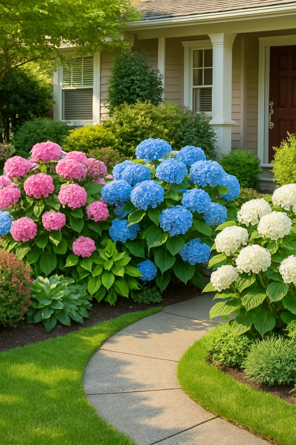 A front garden with blooming hydrangeas in pink, blue, and white, a green lawn, and a pathway leading to a house.