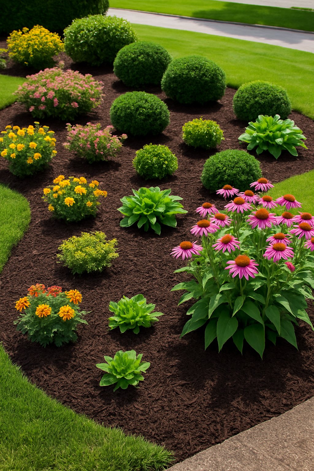 Front yard garden with flower beds covered in dark mulch and healthy green plants and flowers.