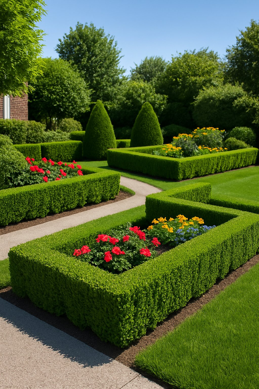 A front garden with neatly trimmed boxwood hedges, colorful flowers, and a manicured lawn under a clear blue sky.
