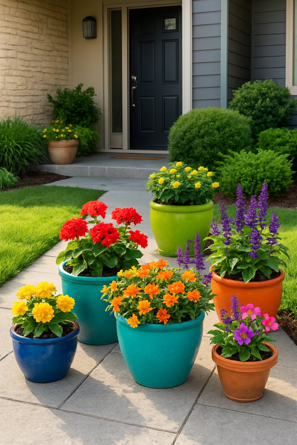 Front yard garden with colorful planters near the entryway of a house, surrounded by flowers and greenery.