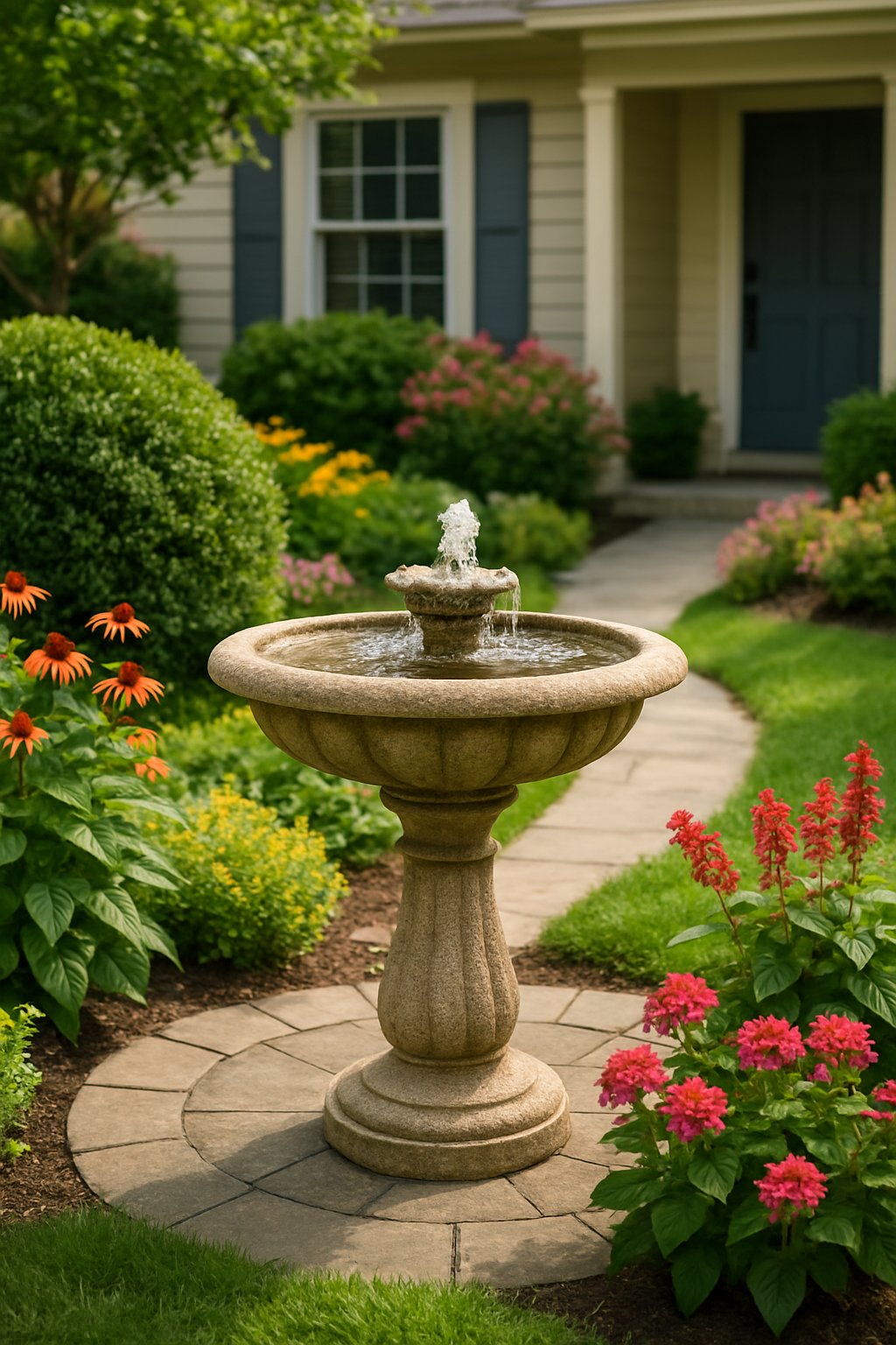 A small stone birdbath or fountain surrounded by flowering plants and greenery in a front garden with a pathway and part of a house in the background.