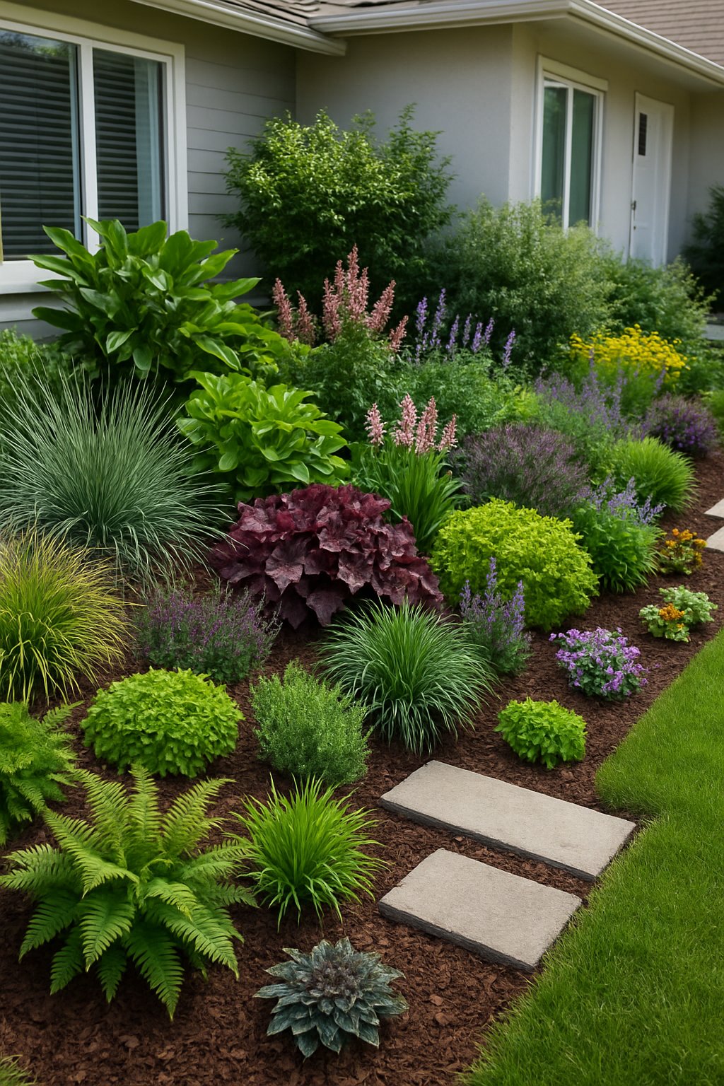 A front yard garden with 25 different plants showing varied textures and colors arranged around a stone pathway in front of a house.