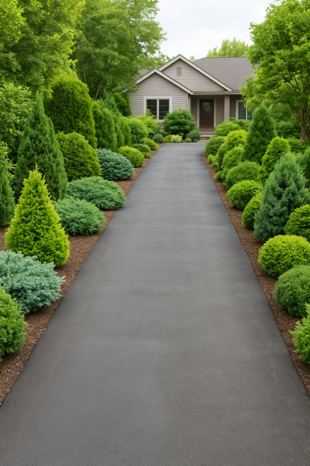 A driveway bordered by small green conifer shrubs leading to a house with a well-kept front garden.