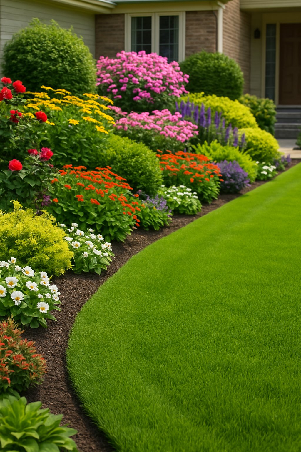 Front yard garden with neatly trimmed lawn edges and colorful flowers along the borders.