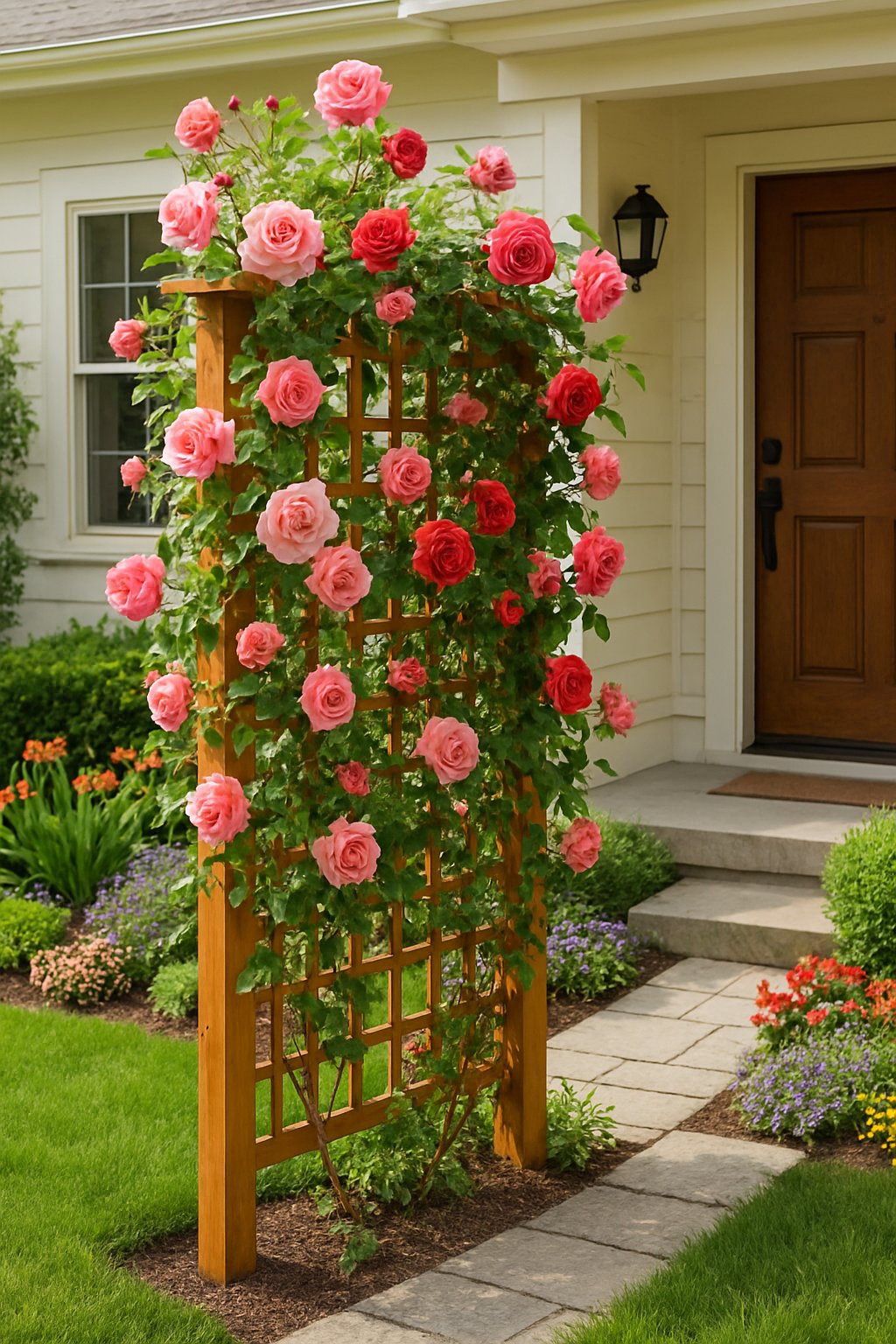 Front garden with a wooden trellis covered in climbing roses next to the entrance door of a house.