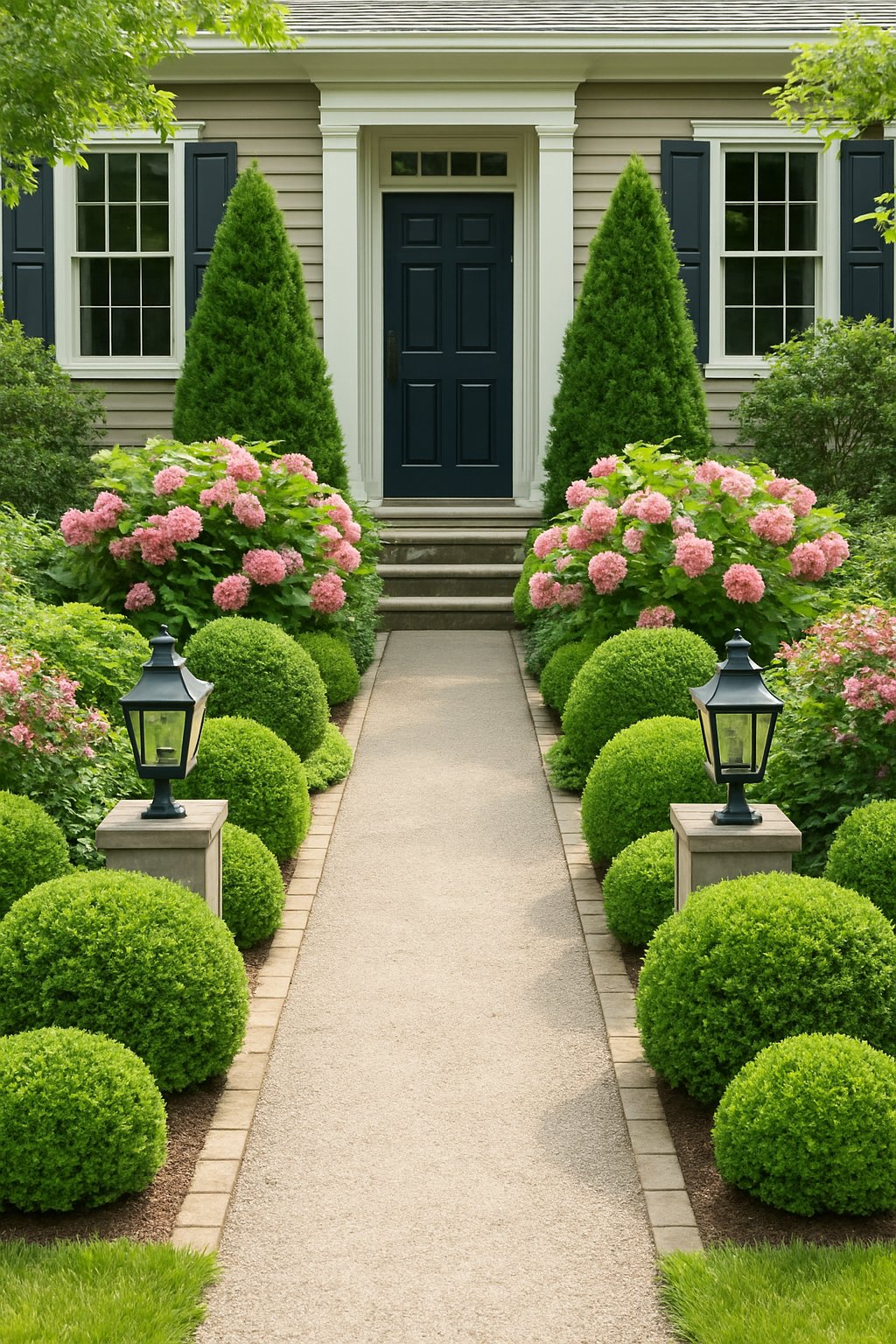 A front yard garden with a central path flanked by matching plants and garden fixtures on both sides, leading to a house entrance.