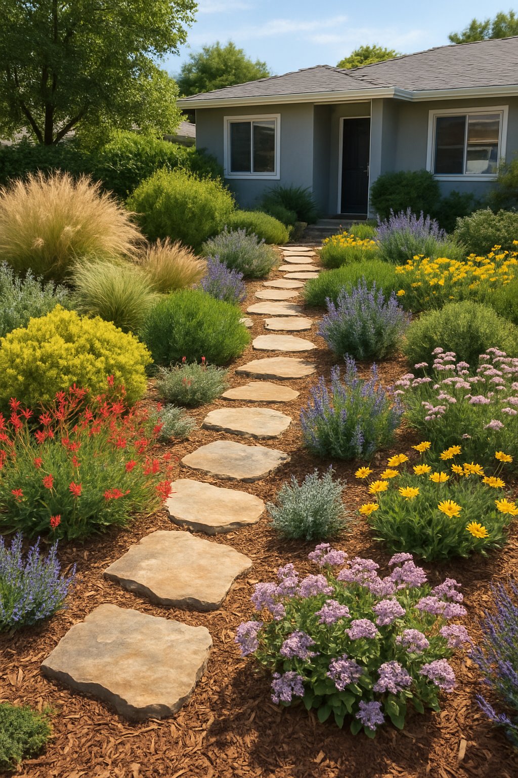 A front garden with native plants, stone pathways, and mulch surrounding a suburban home.