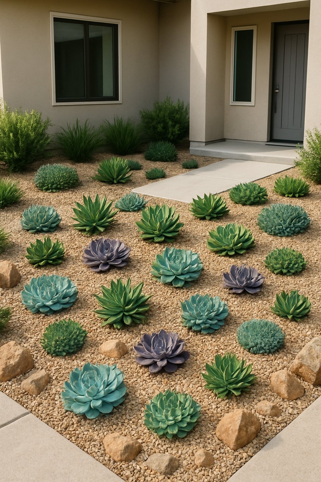 Front yard garden with 25 drought-tolerant succulent plants arranged with gravel and stone pathways in front of a modern house.