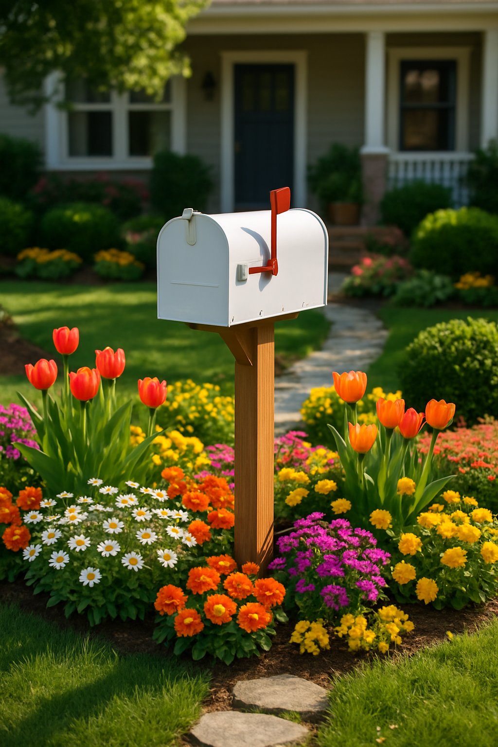 A charming mailbox surrounded by colorful flower beds and green grass in a front garden.