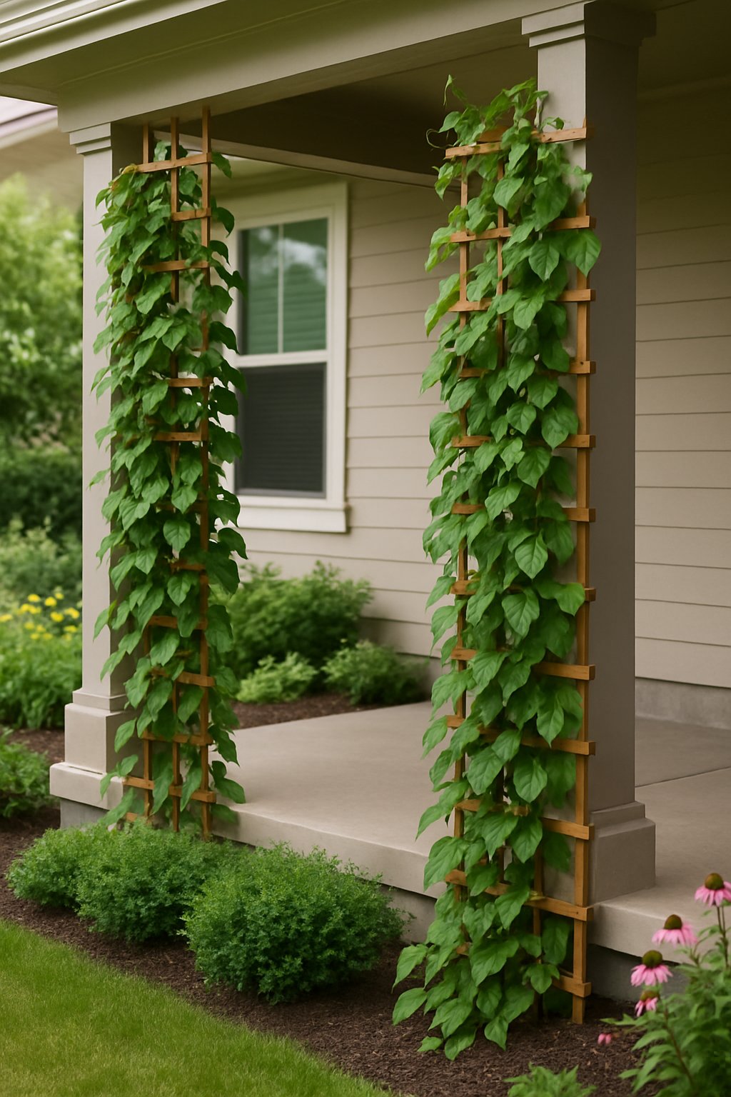 Front yard garden with climbing vines growing on trellises attached to porch posts.