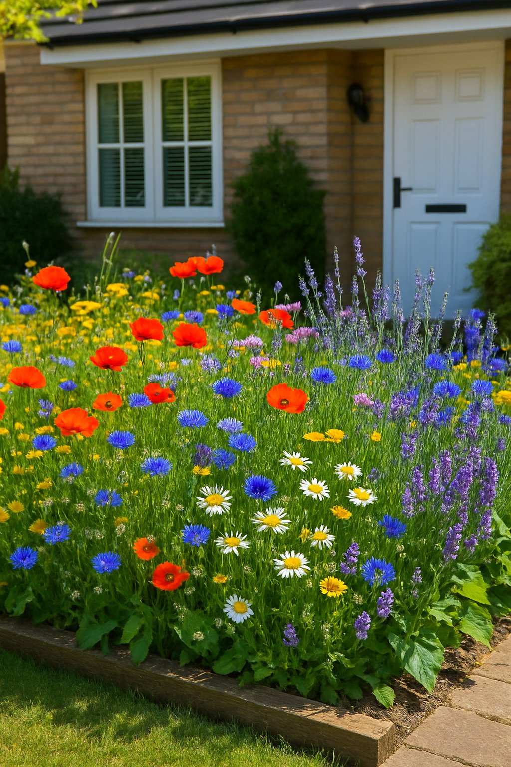A colorful wildflower patch blooming in a front garden with a house visible in the background.