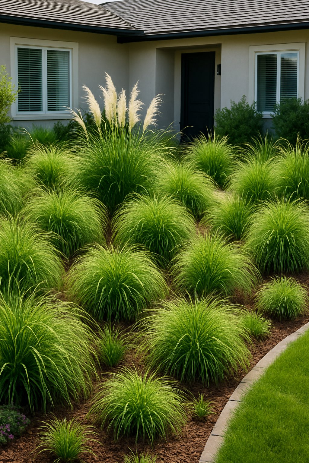 Front yard garden with numerous ornamental grasses gently moving, surrounded by flower beds and a modern house in the background.