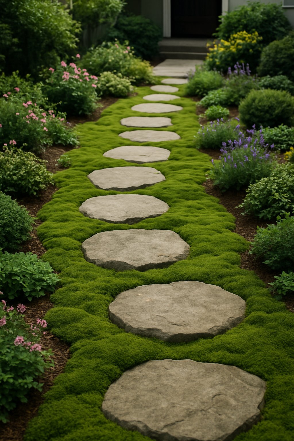A front garden with stepping stones arranged through green moss and ground cover plants, surrounded by small flowers and shrubs.