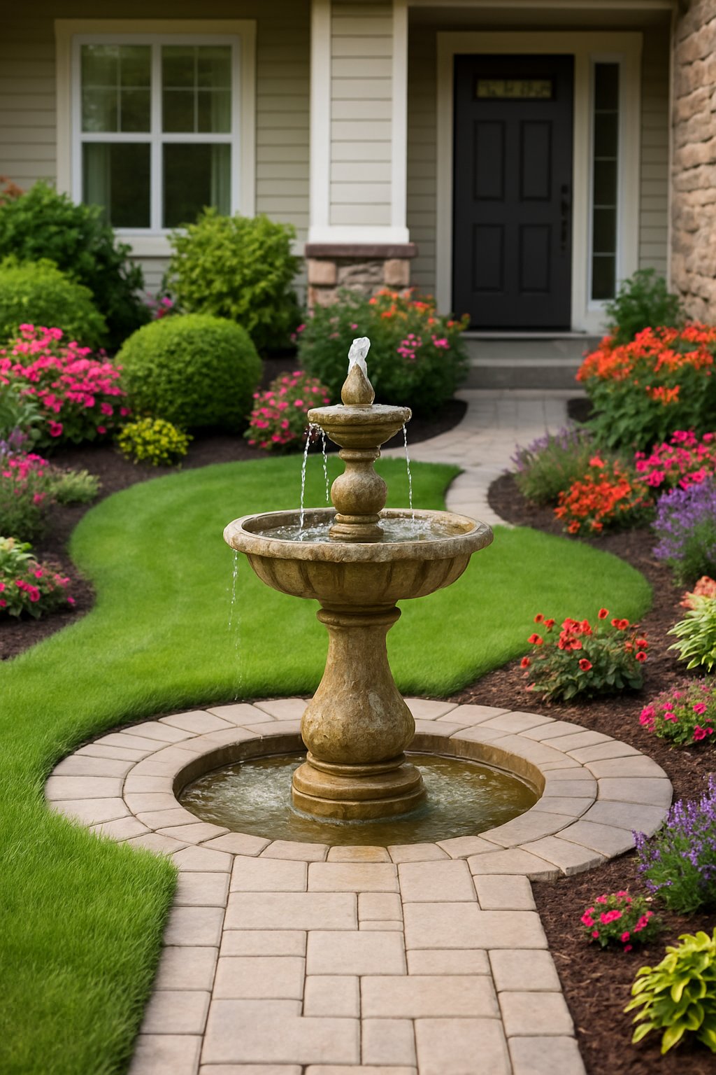 A front yard garden with a small stone water fountain surrounded by green grass, colorful flowers, and shrubs in front of a modern house.