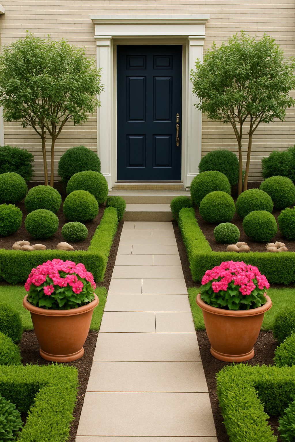 A symmetrical front garden with matching planters on both sides of a central pathway leading to a house entrance.