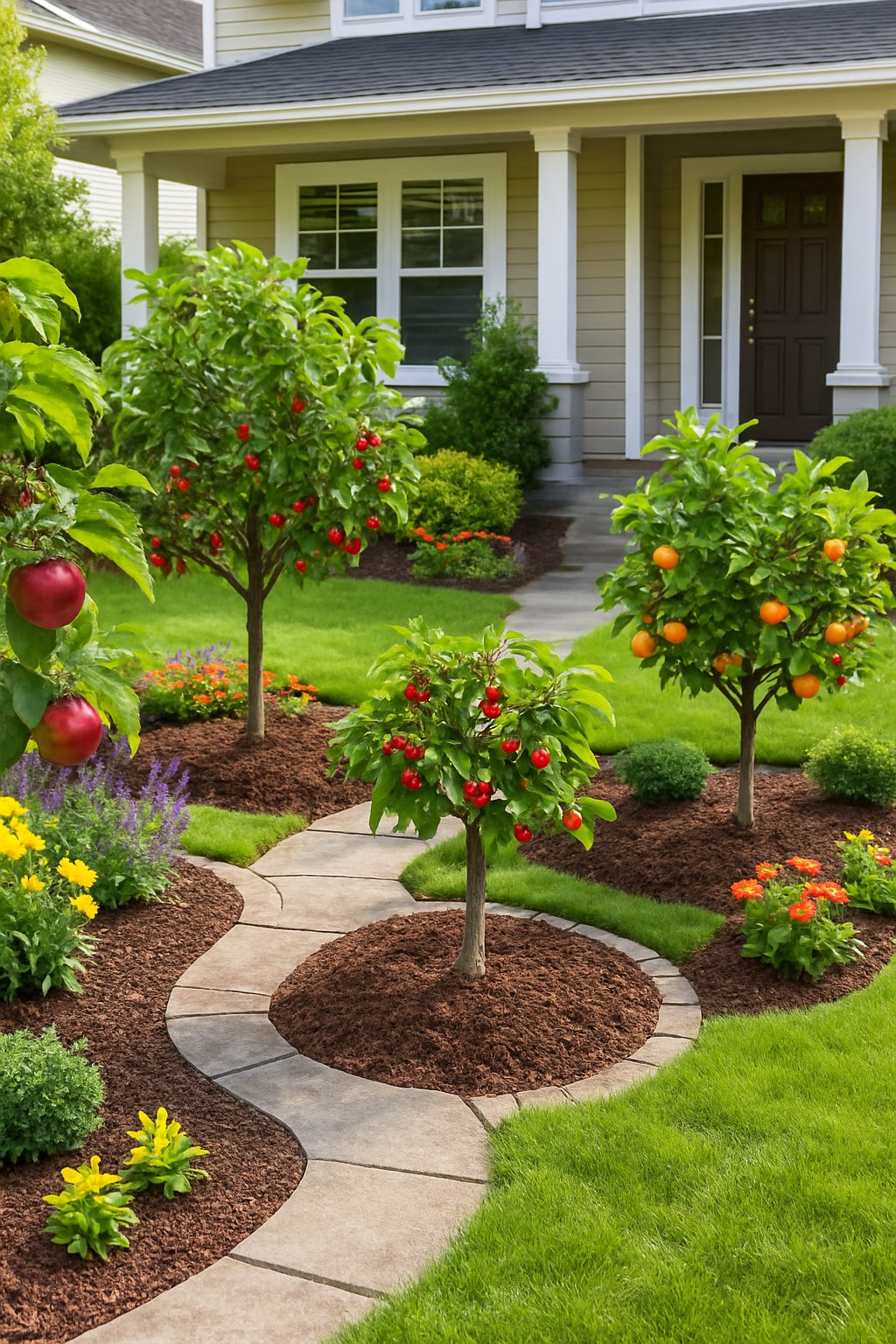 A front garden with neatly planted dwarf fruit trees, green grass, colorful flowers, and a house in the background.