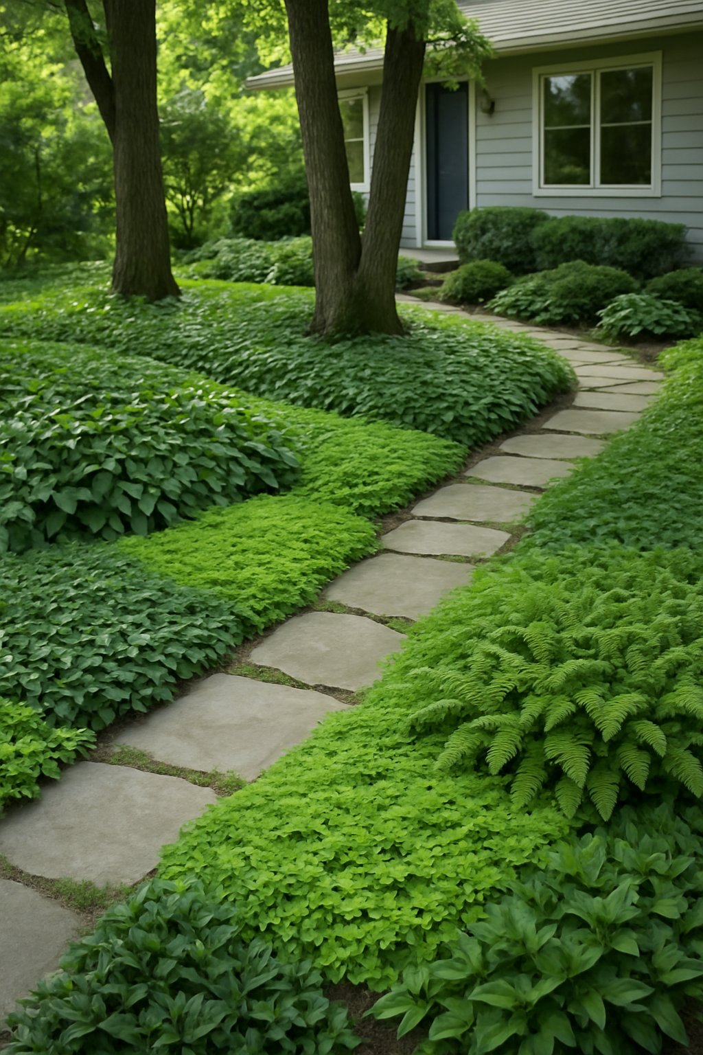 Front yard garden with dense green ground cover plants growing under shade and a stone pathway.