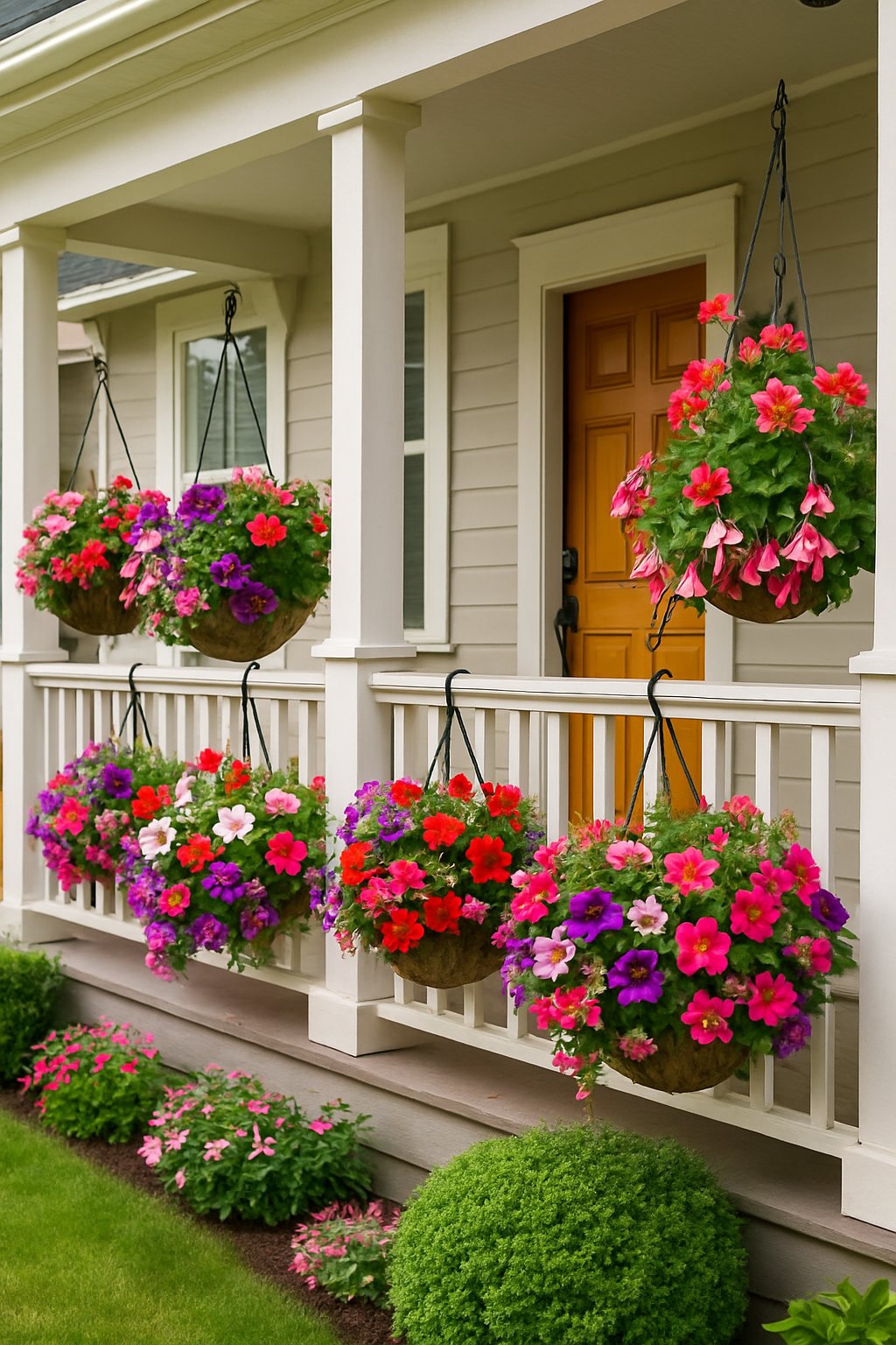 Front porch with hanging flower baskets on the railings and a well-kept garden in the background.