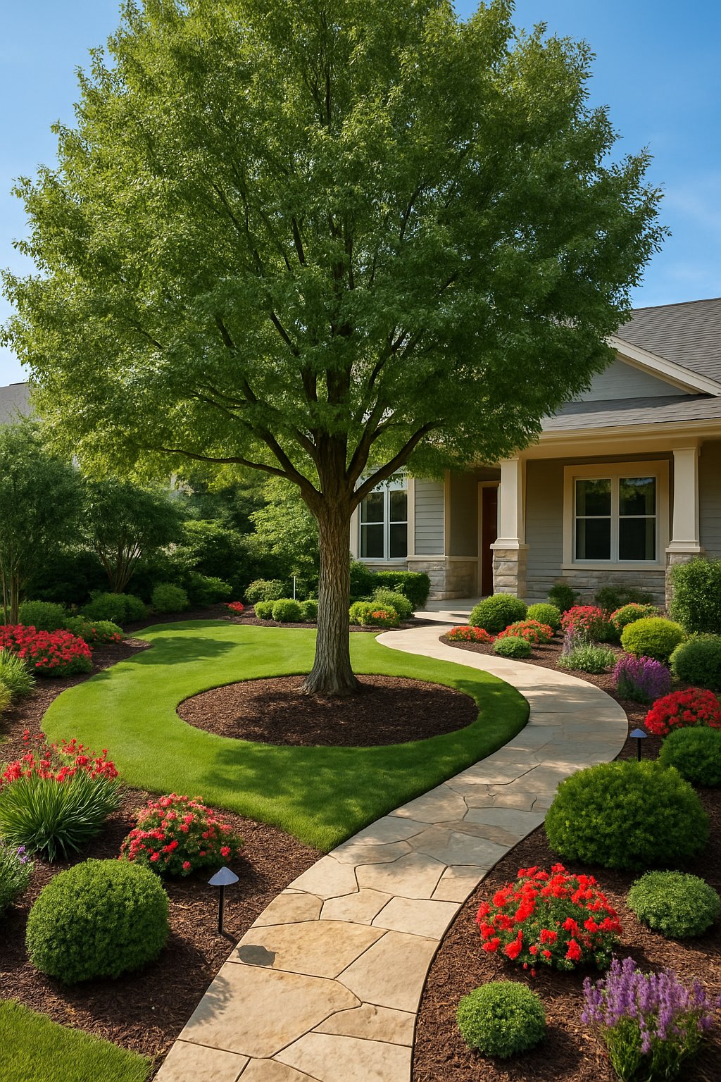 A front yard garden with a large specimen tree as the central focus, surrounded by flower beds, shrubs, and a stone pathway leading to a modern house.