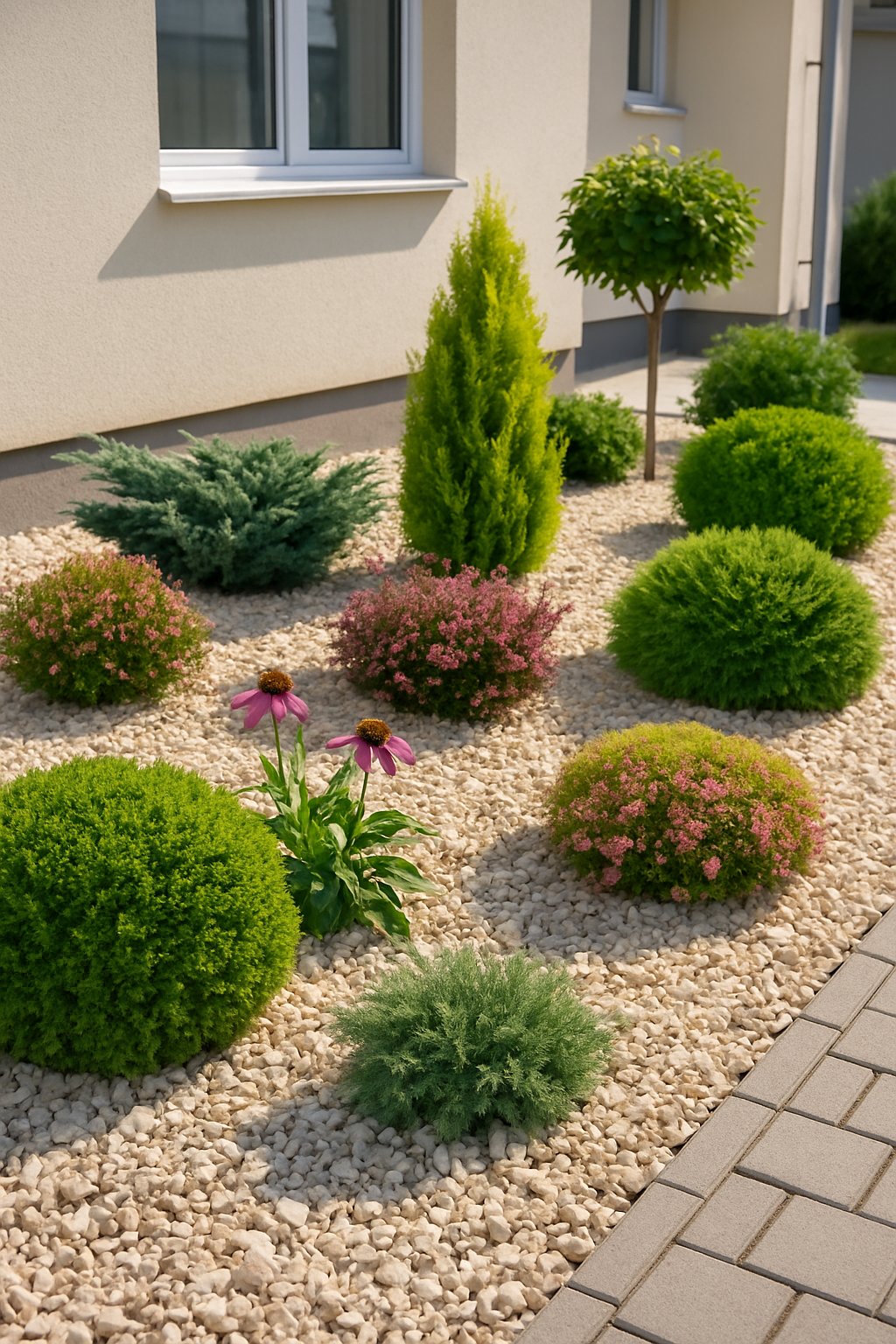 A front garden with various plants surrounded by decorative gravel and a pathway near a house.