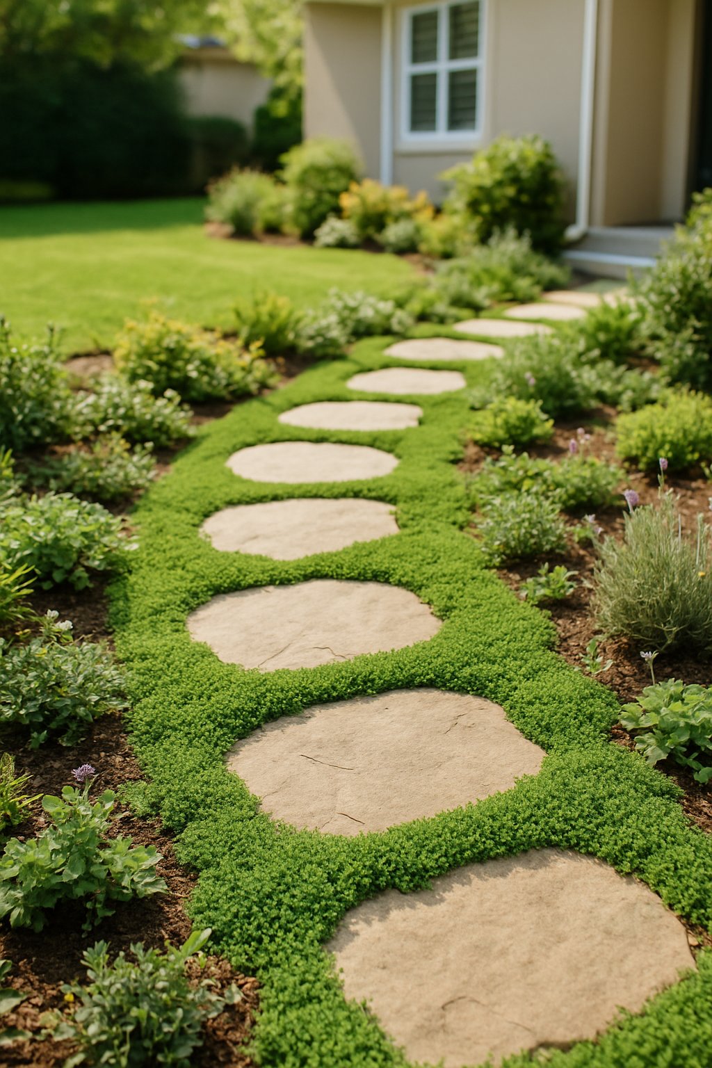 A front yard garden with a curved pathway of stepping stones surrounded by low green ground cover plants.