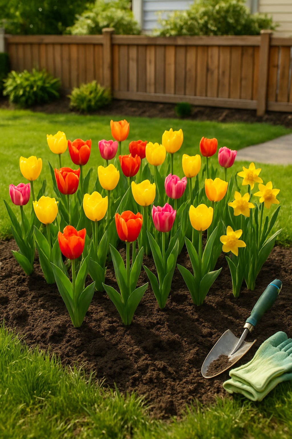 A front garden with freshly planted tulips and daffodils blooming among dark soil and green grass.