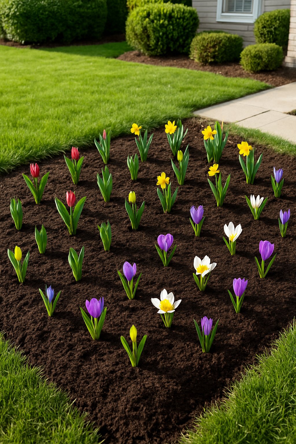 A front yard garden with 25 plant bulbs arranged in soil, showing green shoots and surrounded by grass and a stone pathway.