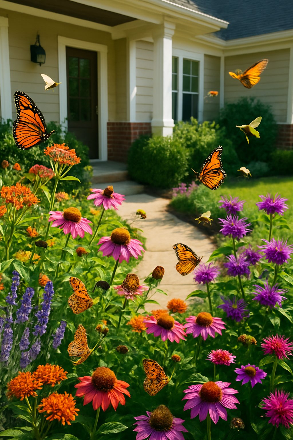 A butterfly and pollinator garden with colorful flowers and butterflies near the entrance of a house.