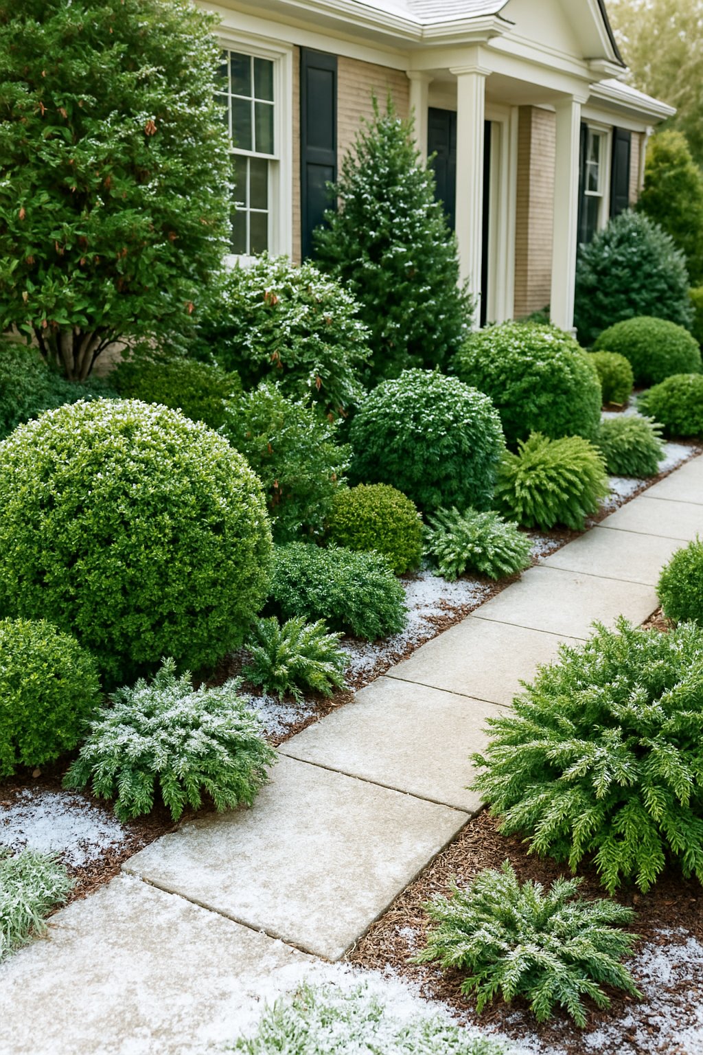 A front garden in winter with green evergreen shrubs lining a pathway leading to a house.