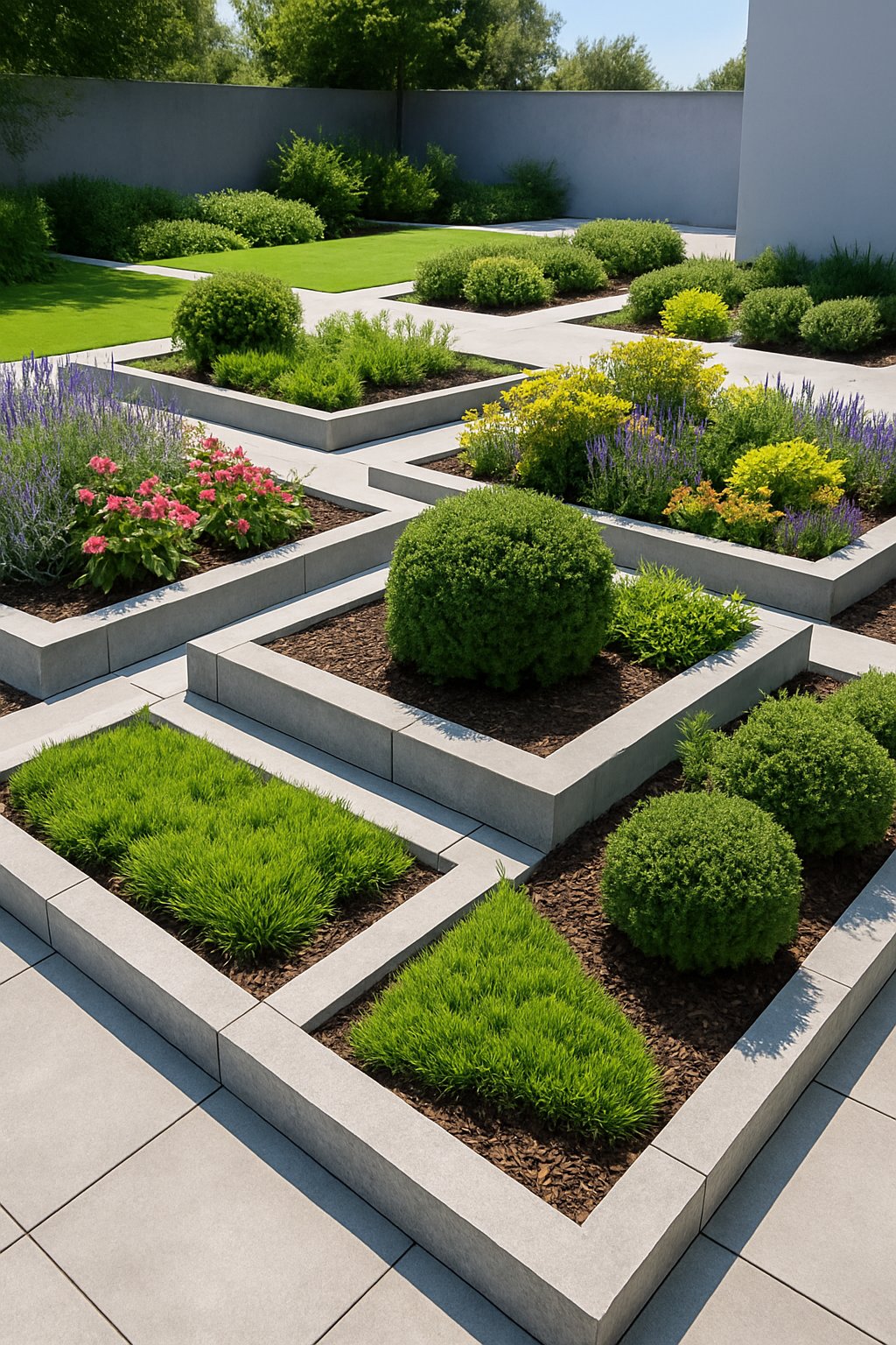 A modern garden with geometric garden beds filled with plants and flowers arranged in a clean, organized layout.