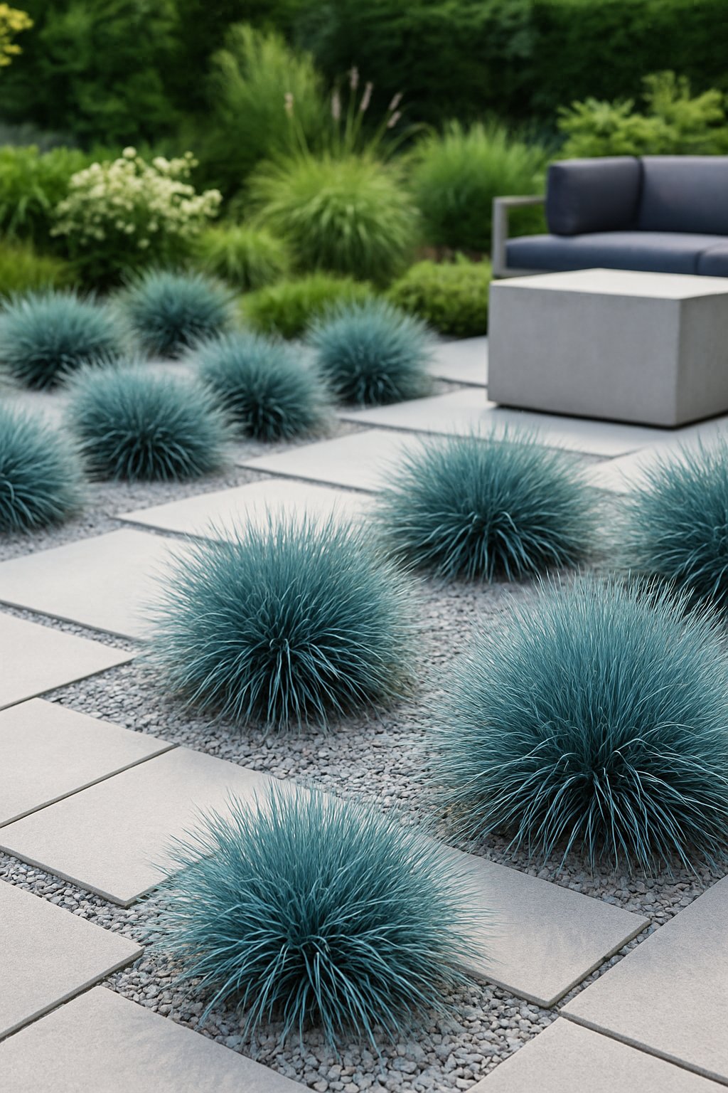 A modern garden with clusters of blue fescue grasses arranged among stone pathways and greenery.