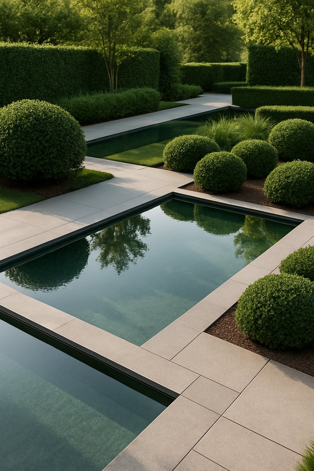 A modern garden with reflecting pools surrounded by green plants and stone pathways.