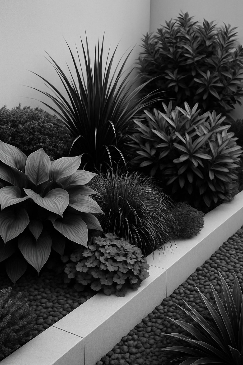 A garden with various plants showing different leaf shapes in black and white.