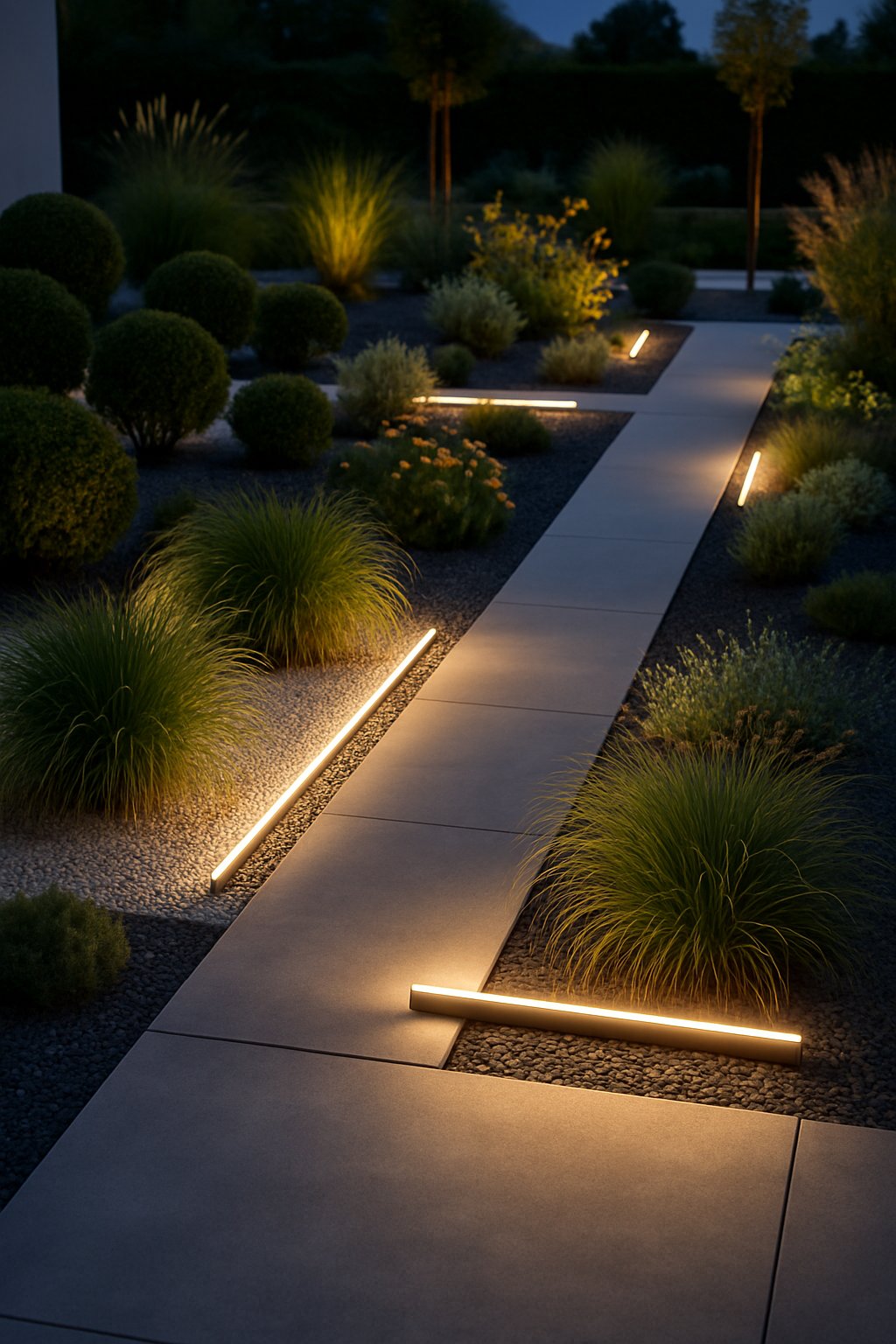 A modern garden at dusk with linear LED lights illuminating pathways and plants.