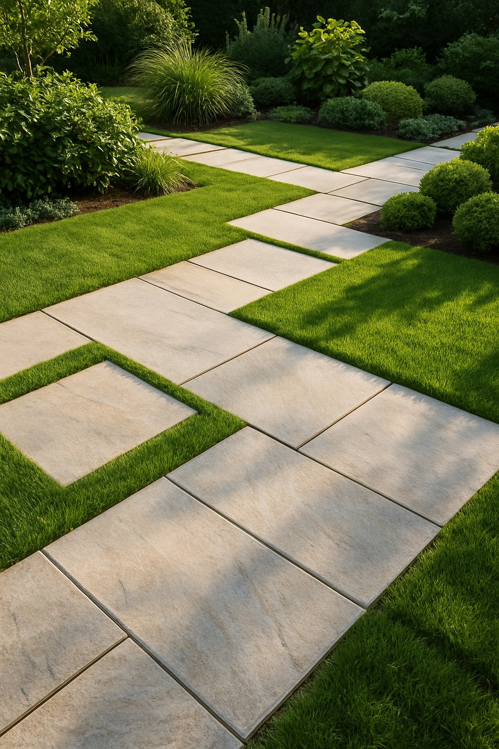 A garden with natural stone pathways surrounded by green grass and plants.
