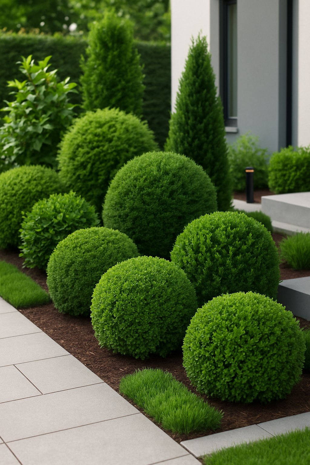 A modern garden with neatly trimmed evergreen shrubs arranged along stone pathways in front of a contemporary house.