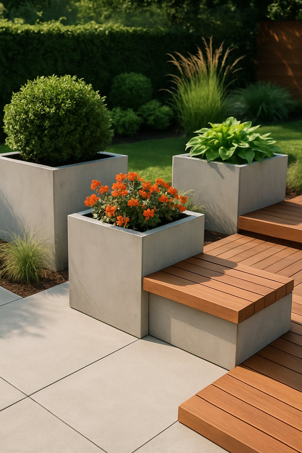 A modern garden with concrete planters and wooden benches surrounded by green plants and shrubs.