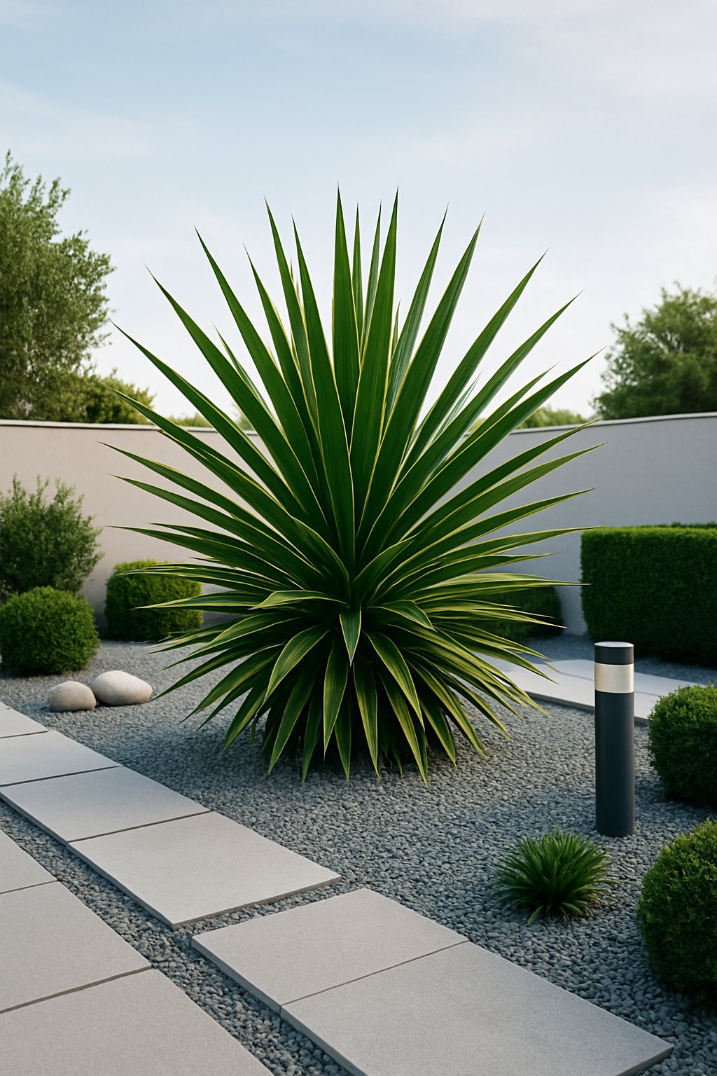 A modern garden with a large agave or yucca plant as the central feature surrounded by stone pathways and greenery.