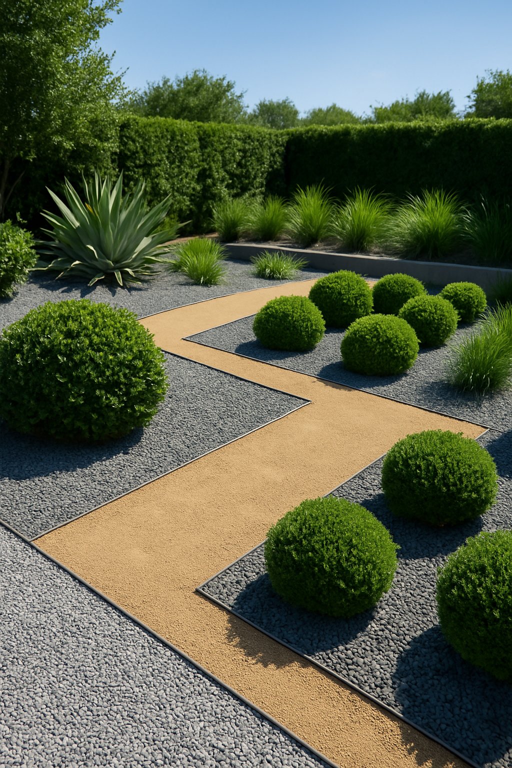 A modern garden with pathways and garden beds covered in gravel and decomposed granite surrounded by green plants and shrubs.
