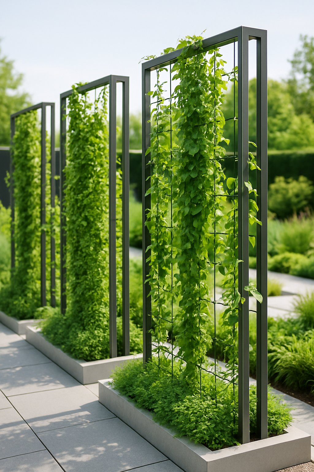 Vertical gardens with green plants climbing on simple metal trellises in a modern outdoor garden.