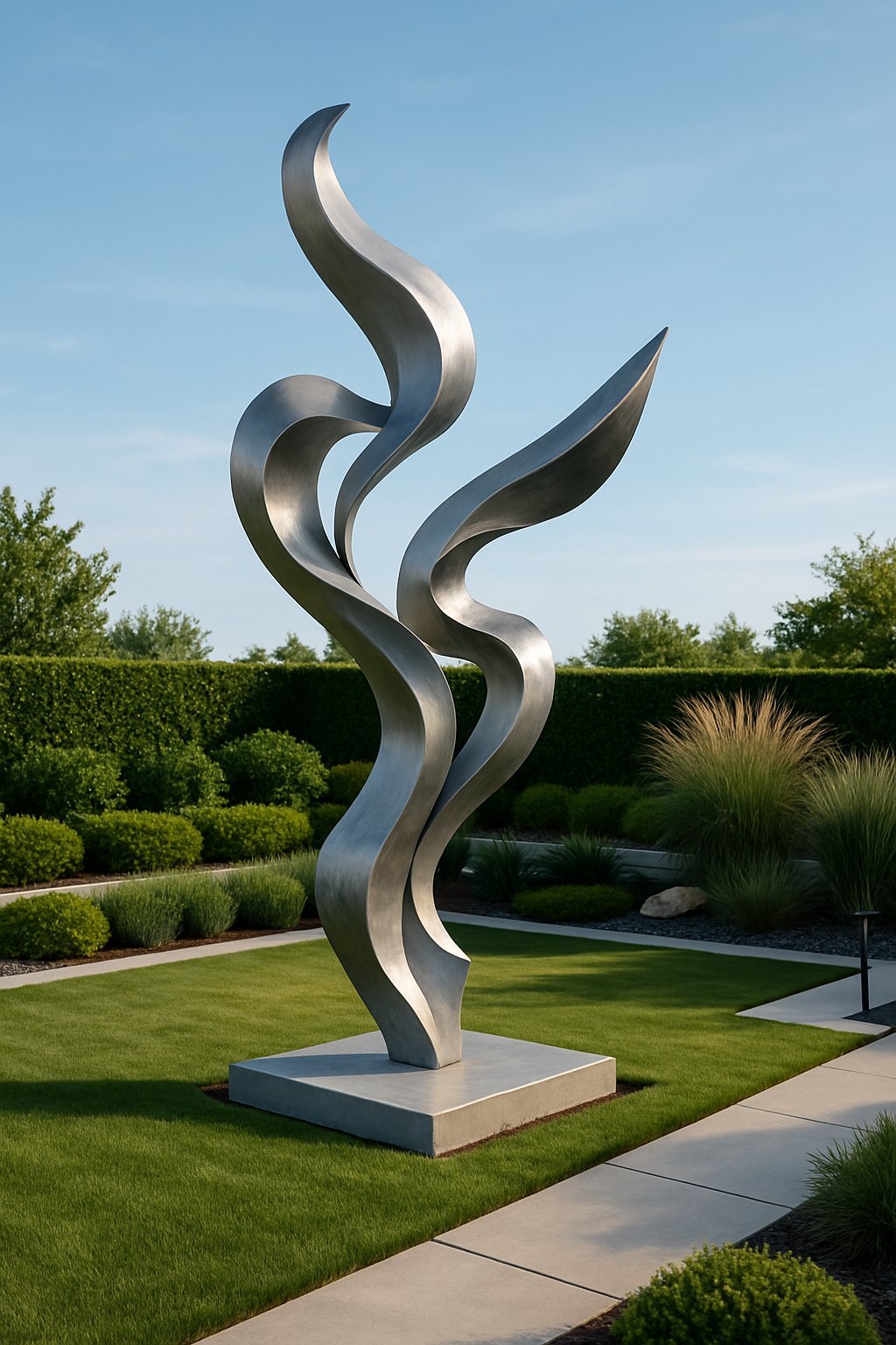 An outdoor abstract metal sculpture displayed in a modern garden with green plants and a clear sky.
