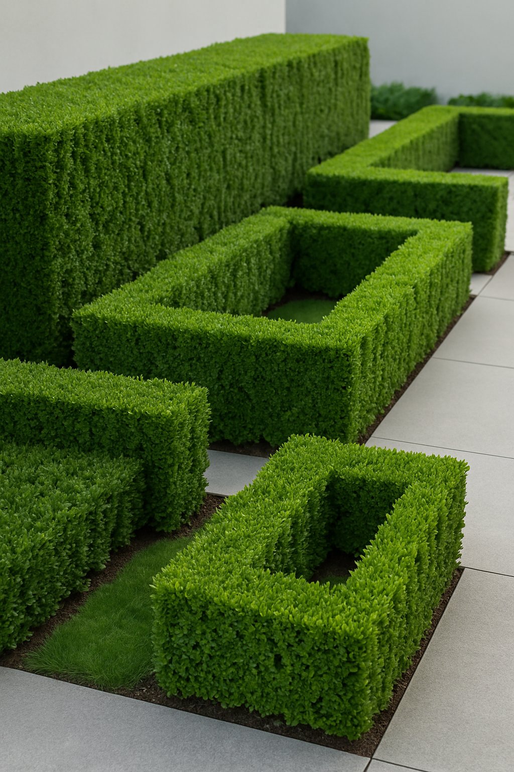 Neatly trimmed boxwood hedges arranged in clean lines in a modern garden with a stone pathway.